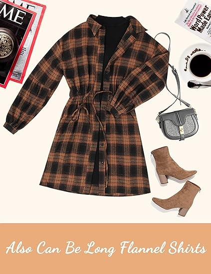 Blooming Jelly plaid women's dress Flannel puffed Sleeve dress Buckle Casual dress Women's 2024 with pockets