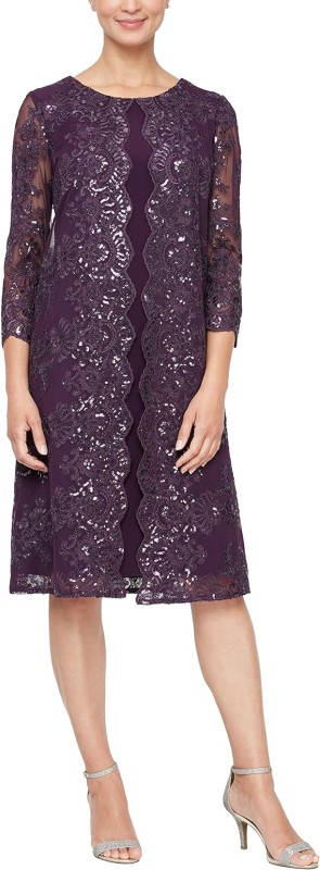 Alex Evenings Women's Long Jacket with Lace Dress (Petite and Regular Sizes)